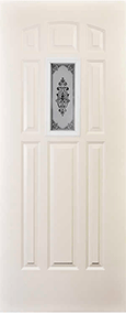 Puerta de lámina o acero para exterior color blanca con paneles y vitral